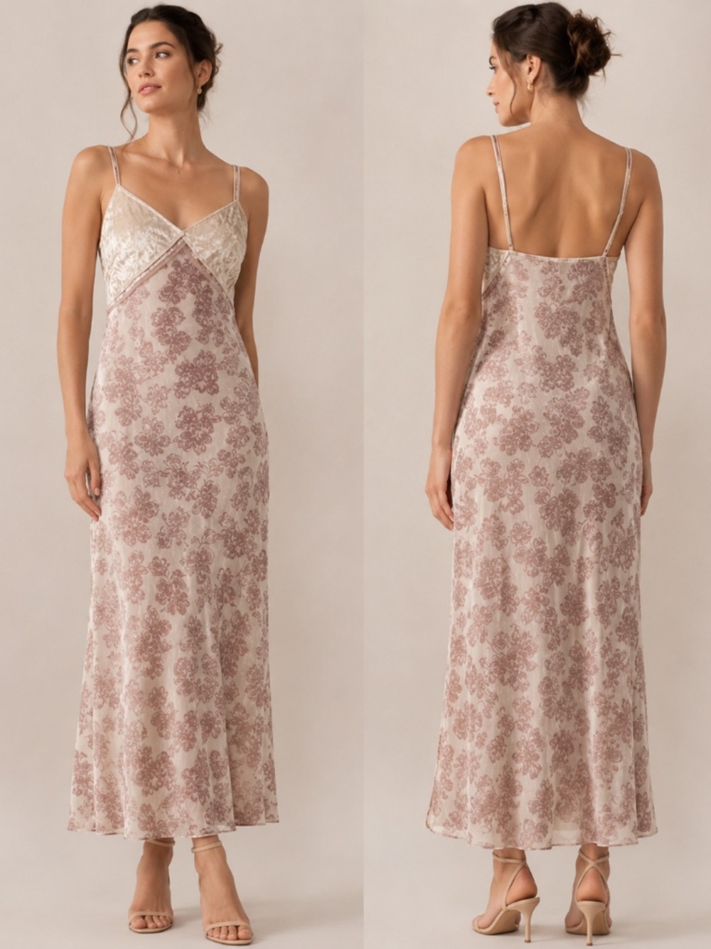 🌸 Zara Pink Velvet & Metallic Foiled Floral Maxi Dress M